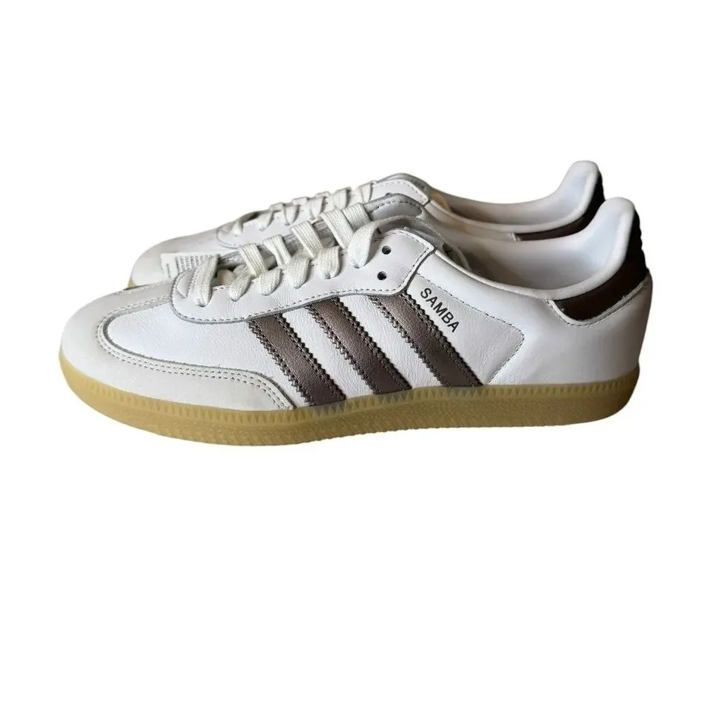 adidas NEW Samba OG Womens Low Top Leather Sneakers White/Coffee Metallic Bronze